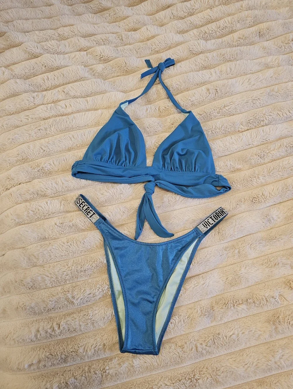 Victoria's Secret Light Blue Triangle Bikini Top with Pink Logo Print